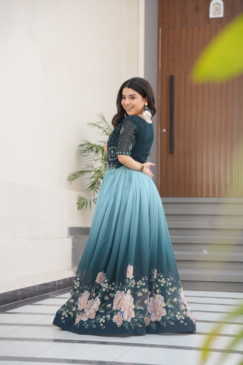 Women's Elegant Teal & Aqua Ombre Gown with Floral Printed Flair & Embellished Bodice – Perfect for Summer Festivities & Parties - Image 8