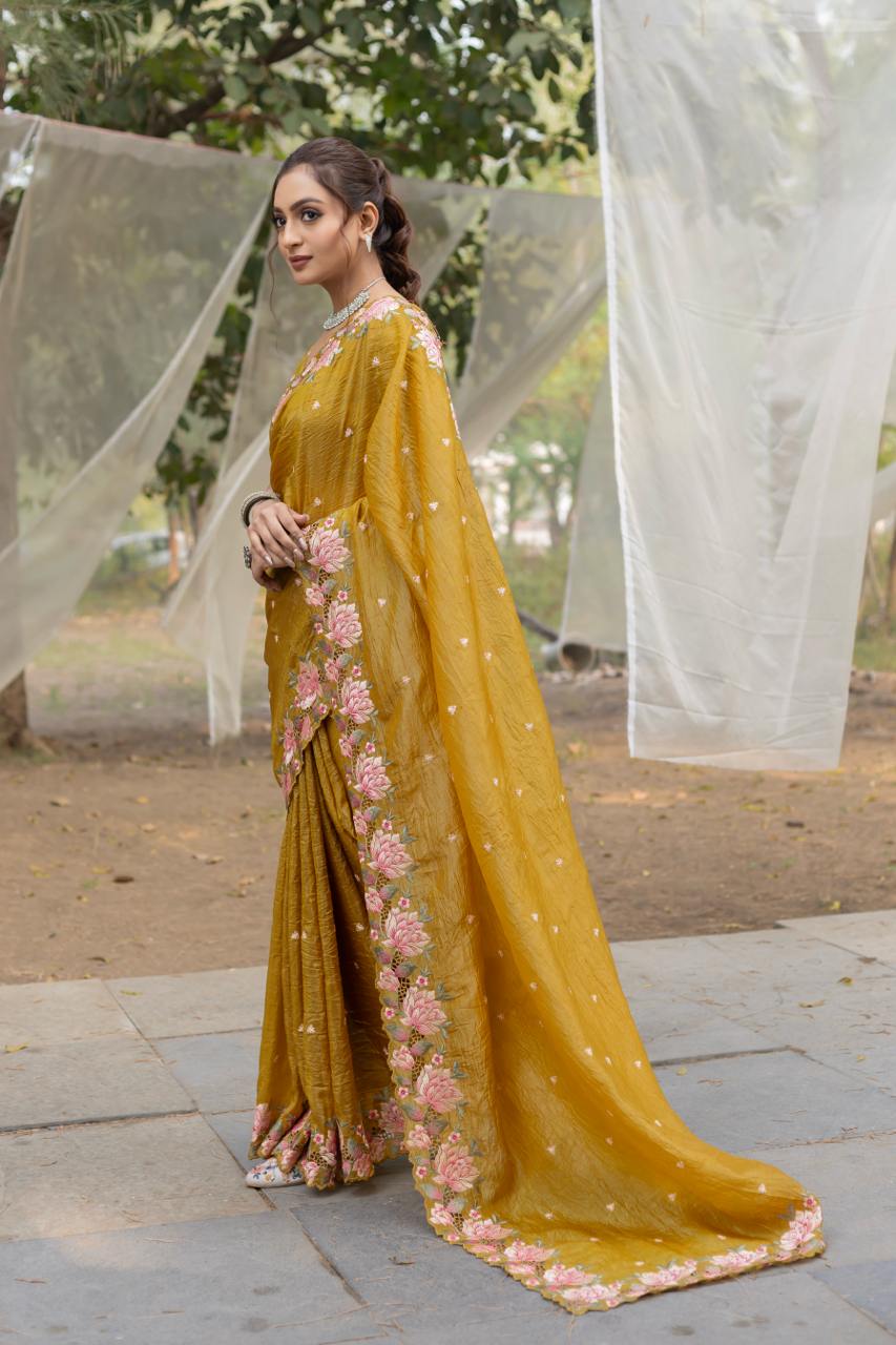 Women's Pristine White Organza Saree with Exquisite Pink & Green Floral Thread Embroidery – Complete with Matching Embroidered Blouse for Festive & Summer Wear - Image 7